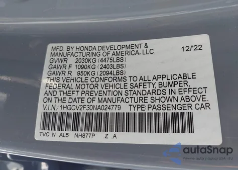 2022 Honda Accord Sport 2.0T z USA, uszkodzony, nr VIN 1HGCV2F30NA024779